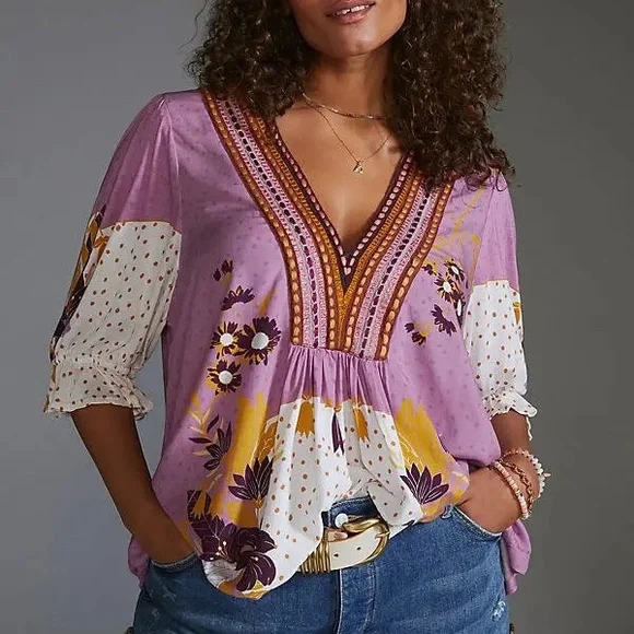 Anthropologie Blnk Stephanie Purple Gold Floral Long Sleeve Top NWT!, Size M - Picture 2 of 10